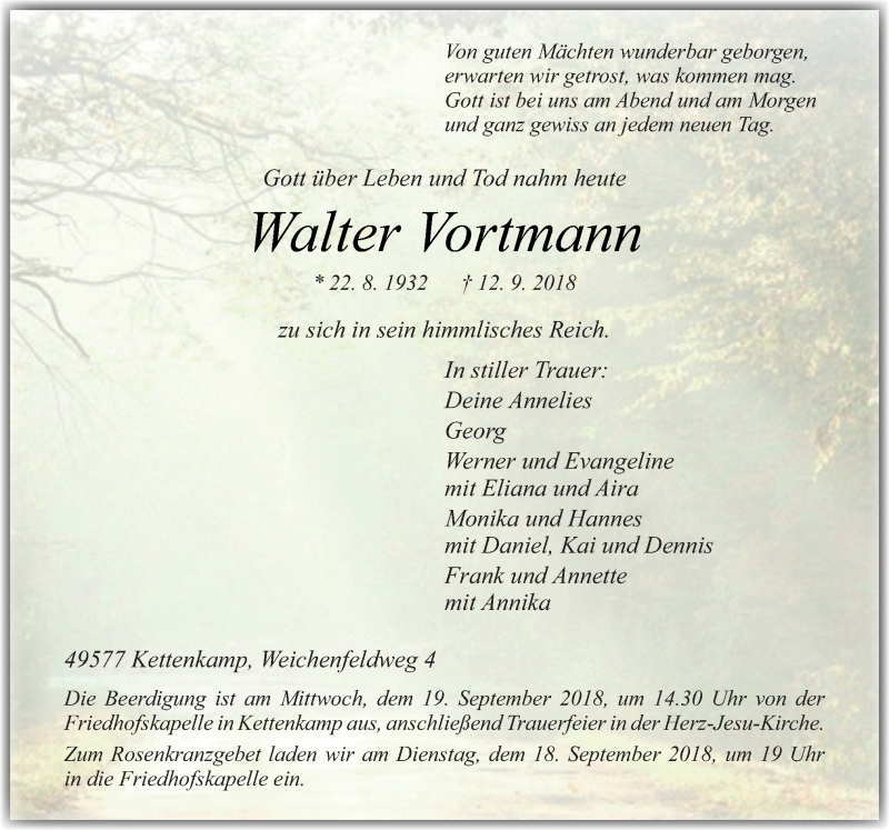  Traueranzeige für Walter Vortmann vom 15.09.2018 aus Neue Osnabrücker Zeitung GmbH & Co. KG