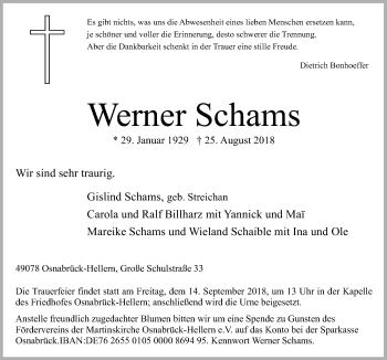 Traueranzeige von Werner Schams von Neue Osnabrücker Zeitung GmbH & Co. KG