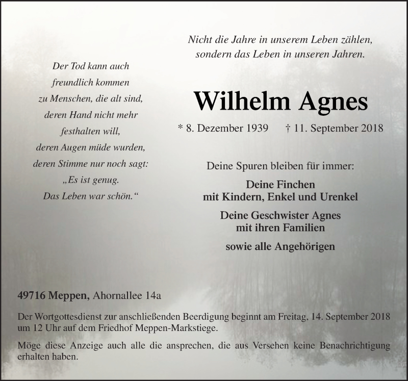  Traueranzeige für Wilhelm Agnes vom 13.09.2018 aus Neue Osnabrücker Zeitung GmbH & Co. KG