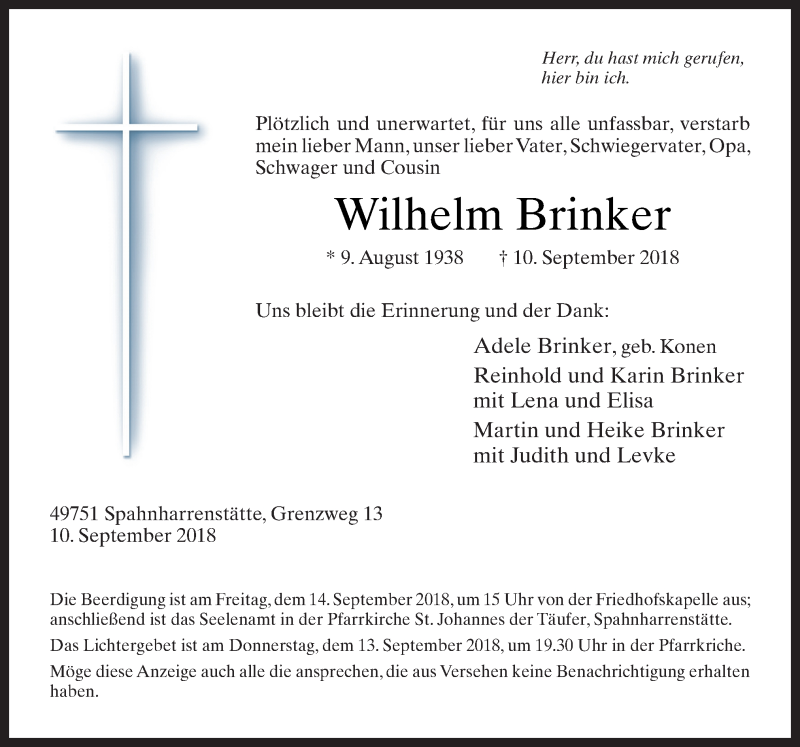  Traueranzeige für Wilhelm Brinker vom 13.09.2018 aus Neue Osnabrücker Zeitung GmbH & Co. KG