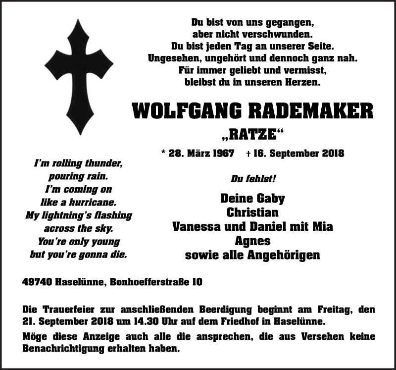  Traueranzeige für Wolgang Rademaker vom 19.09.2018 aus Neue Osnabrücker Zeitung GmbH & Co. KG