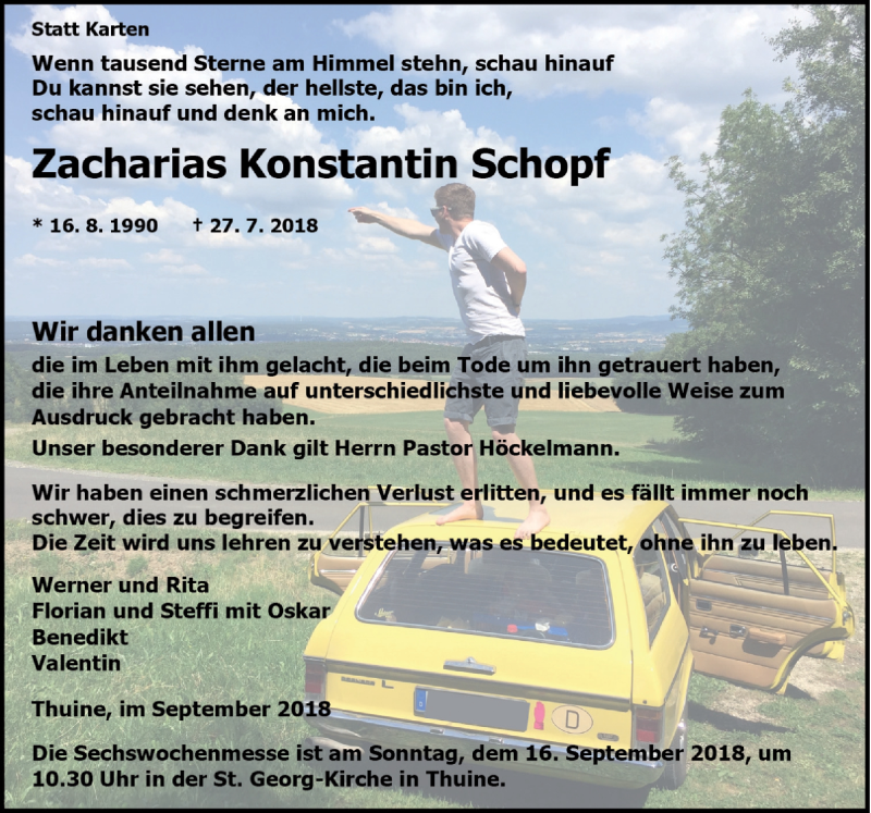  Traueranzeige für Zacharias Konstantin Schopf vom 14.09.2018 aus Neue Osnabrücker Zeitung GmbH & Co. KG