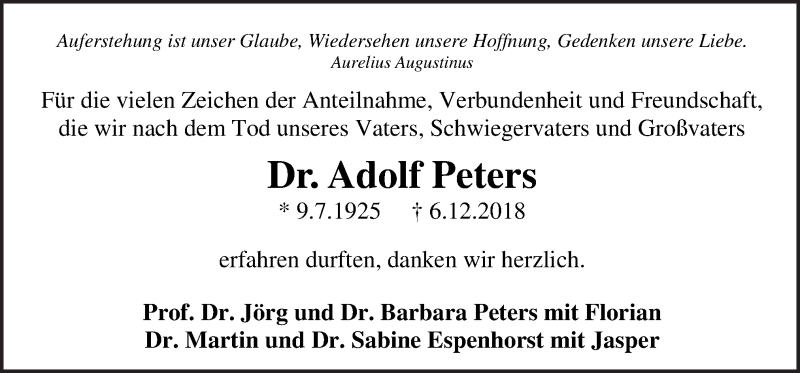  Traueranzeige für Adolf Peters vom 26.01.2019 aus Neue Osnabrücker Zeitung GmbH & Co. KG