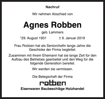 Traueranzeige von Agnes Robben von Neue Osnabrücker Zeitung GmbH & Co. KG