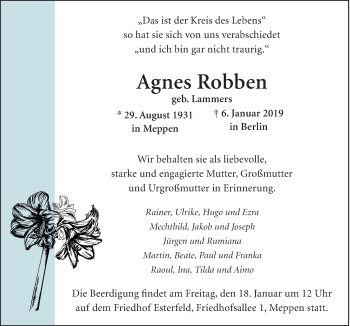 Traueranzeige von Agnes Robben von Neue Osnabrücker Zeitung GmbH & Co. KG