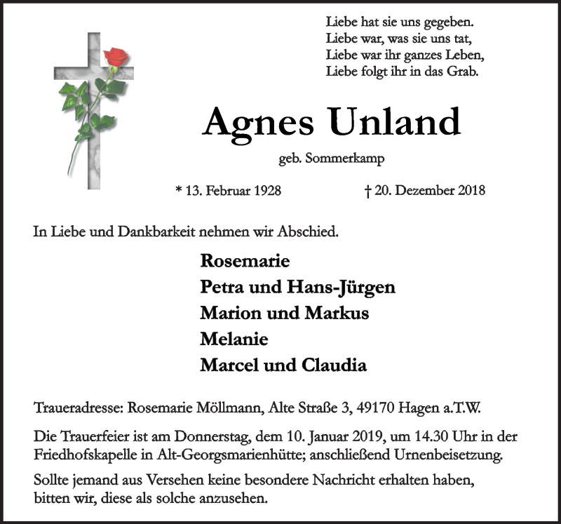  Traueranzeige für Agnes Unland vom 05.01.2019 aus Neue Osnabrücker Zeitung GmbH & Co. KG