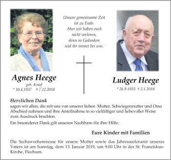 Traueranzeige von Agnes und Ludger Heege von Neue Osnabrücker Zeitung GmbH & Co. KG