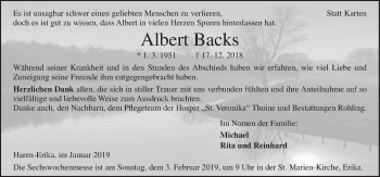 Traueranzeige von Albert Backs von Neue Osnabrücker Zeitung GmbH & Co. KG