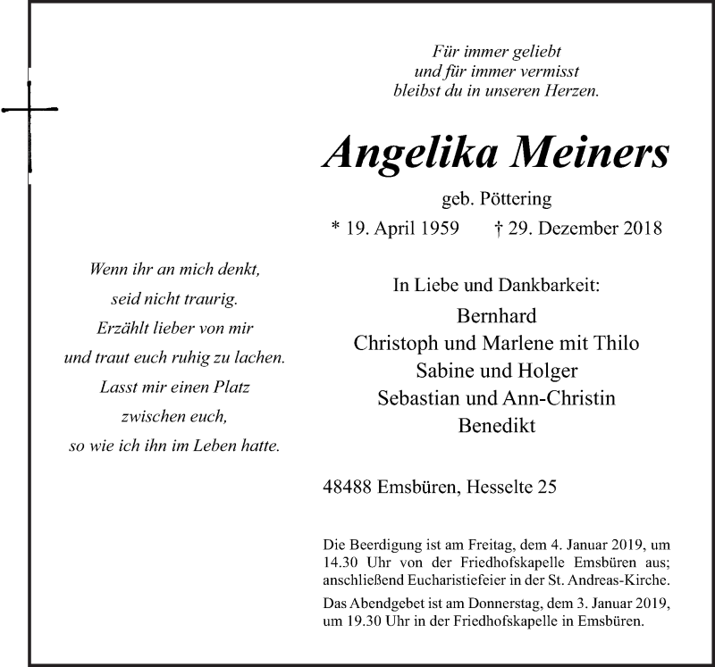  Traueranzeige für Angelika Meiners vom 02.01.2019 aus Neue Osnabrücker Zeitung GmbH & Co. KG