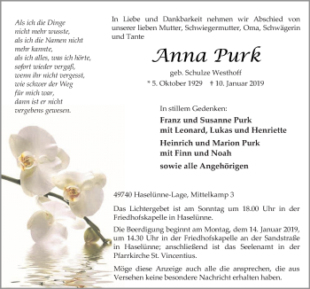 Traueranzeige von Anna Purk von Neue Osnabrücker Zeitung GmbH & Co. KG