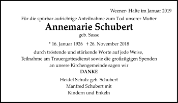 Traueranzeige von Annemarie Schubert von Neue Osnabrücker Zeitung GmbH & Co. KG