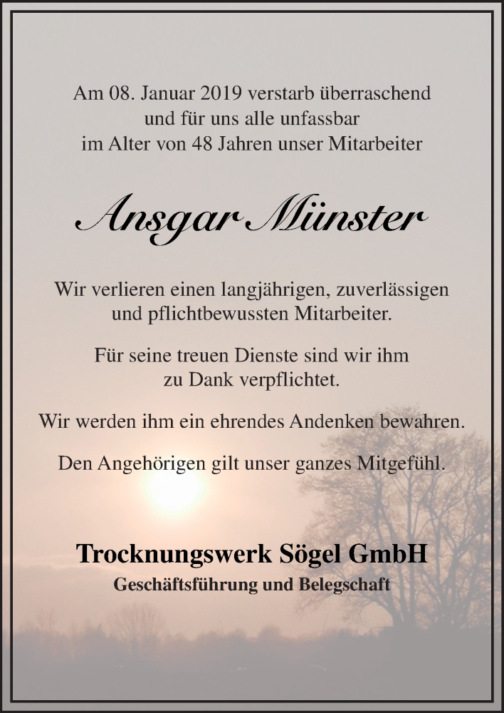  Traueranzeige für Ansgar Münster vom 12.01.2019 aus Neue Osnabrücker Zeitung GmbH & Co. KG