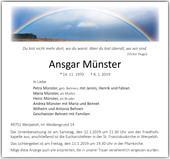 Traueranzeige von Ansgar Münster von Neue Osnabrücker Zeitung GmbH & Co. KG