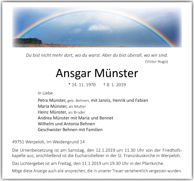  Traueranzeige für Ansgar Münster vom 11.01.2019 aus Neue Osnabrücker Zeitung GmbH & Co. KG