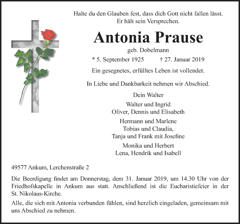  Traueranzeige für Antonia Prause vom 29.01.2019 aus Neue Osnabrücker Zeitung GmbH & Co. KG