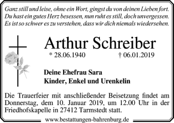 Traueranzeige von Arthur Schreiber von Neue Osnabrücker Zeitung GmbH & Co. KG