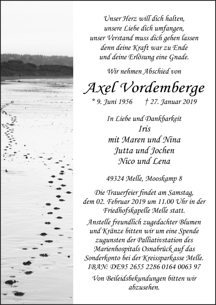  Traueranzeige für Axel Vordemberge vom 30.01.2019 aus Neue Osnabrücker Zeitung GmbH & Co. KG