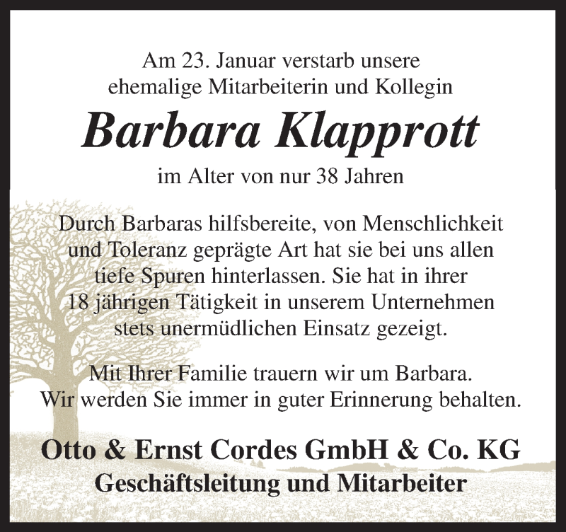  Traueranzeige für Barbara Klapprott vom 28.01.2019 aus Neue Osnabrücker Zeitung GmbH & Co. KG