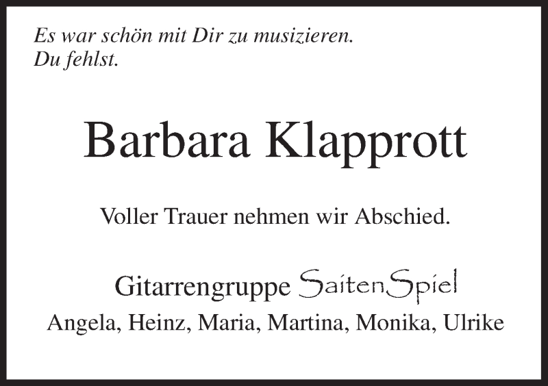  Traueranzeige für Barbara Klapprott vom 28.01.2019 aus Neue Osnabrücker Zeitung GmbH & Co. KG