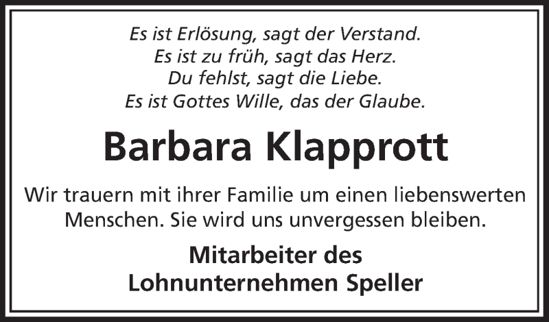  Traueranzeige für Barbara Klapprott vom 28.01.2019 aus Neue Osnabrücker Zeitung GmbH & Co. KG