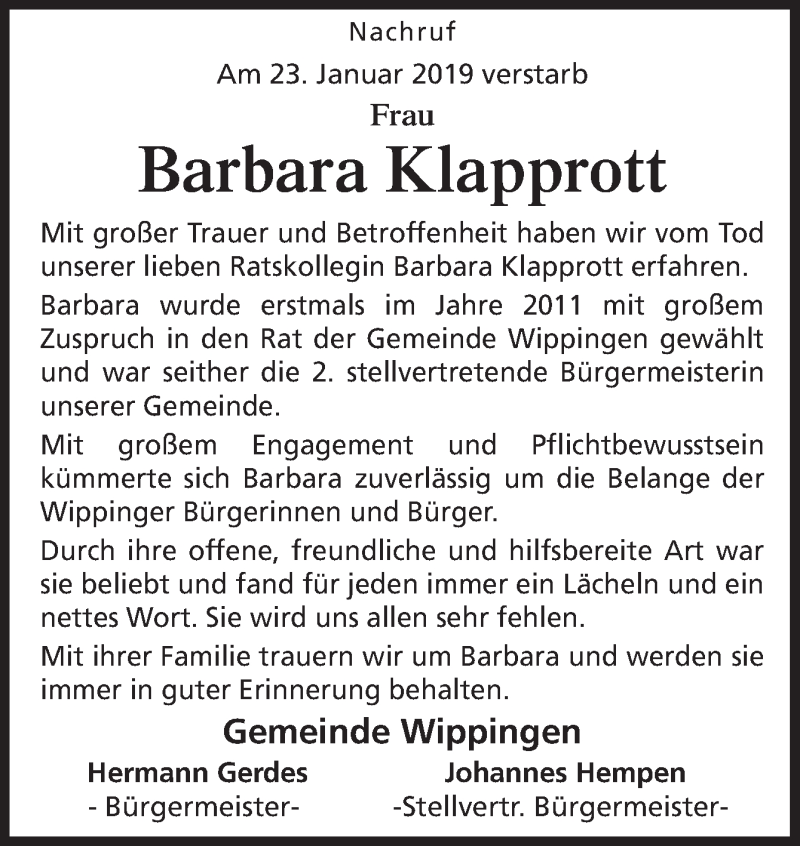  Traueranzeige für Barbara Klapprott vom 28.01.2019 aus Neue Osnabrücker Zeitung GmbH & Co. KG