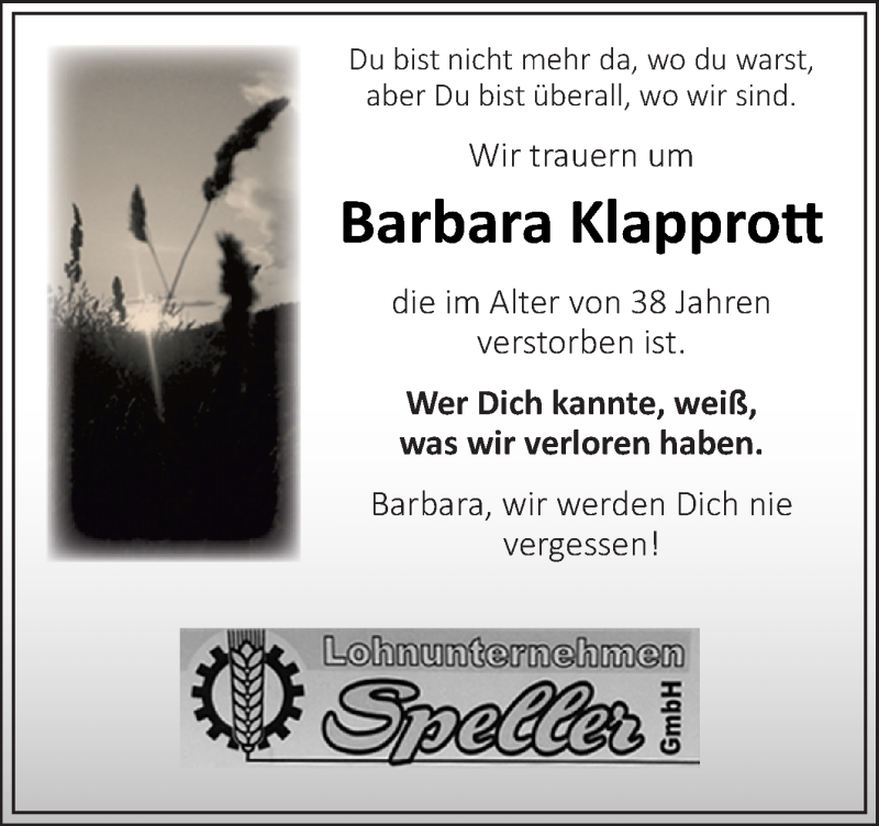  Traueranzeige für Barbara Klapprott vom 31.01.2019 aus Neue Osnabrücker Zeitung GmbH & Co. KG