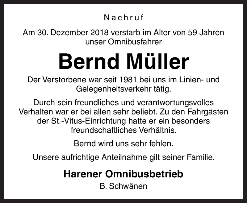 Traueranzeige für Bernd Müller vom 09.01.2019 aus Neue Osnabrücker Zeitung GmbH & Co. KG