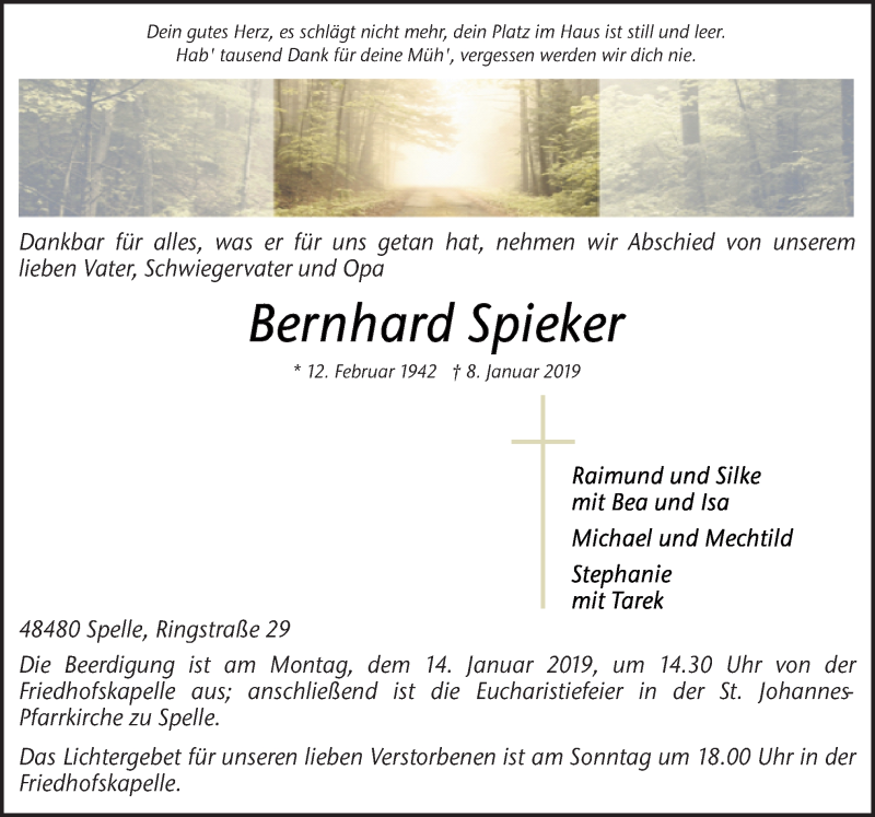  Traueranzeige für Bernhard Spieker vom 10.01.2019 aus Neue Osnabrücker Zeitung GmbH & Co. KG