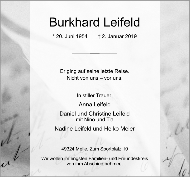  Traueranzeige für Burkhard Leifeld vom 05.01.2019 aus Neue Osnabrücker Zeitung GmbH & Co. KG
