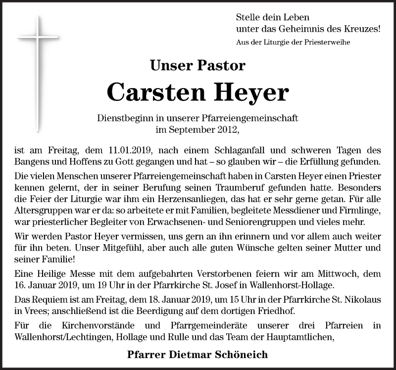  Traueranzeige für Carsten Heyer vom 15.01.2019 aus Neue Osnabrücker Zeitung GmbH & Co. KG