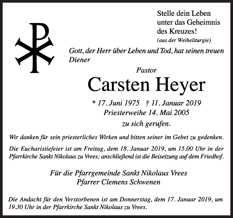  Traueranzeige für Carsten Heyer vom 16.01.2019 aus Neue Osnabrücker Zeitung GmbH & Co. KG