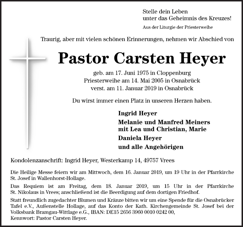  Traueranzeige für Carsten Heyer vom 15.01.2019 aus Neue Osnabrücker Zeitung GmbH & Co. KG
