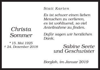 Traueranzeige von Christa Sommer von Neue Osnabrücker Zeitung GmbH & Co. KG