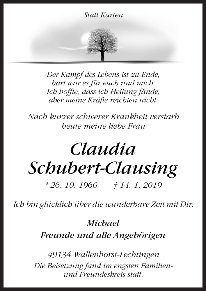  Traueranzeige für Claudia Schubert-Clausing vom 26.01.2019 aus Neue Osnabrücker Zeitung GmbH & Co. KG