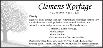 Traueranzeige von Clemens Korfage von Neue Osnabrücker Zeitung GmbH & Co. KG