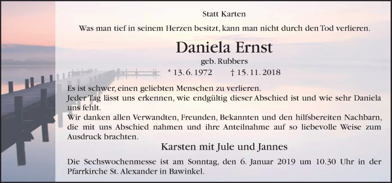  Traueranzeige für Daniela Ernst vom 02.01.2019 aus Neue Osnabrücker Zeitung GmbH & Co. KG