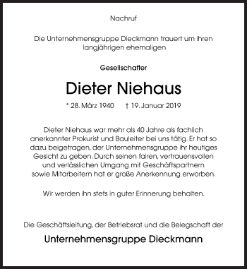 Traueranzeige von Dieter Niehaus von Neue Osnabrücker Zeitung GmbH & Co. KG