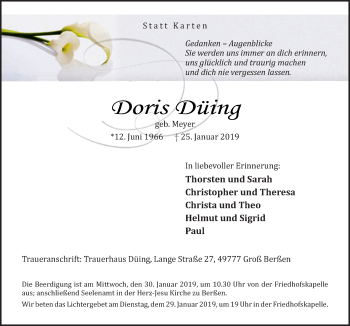 Traueranzeige von Doris Düing von Neue Osnabrücker Zeitung GmbH & Co. KG