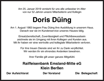 Traueranzeige von Doris Düing von Neue Osnabrücker Zeitung GmbH & Co. KG