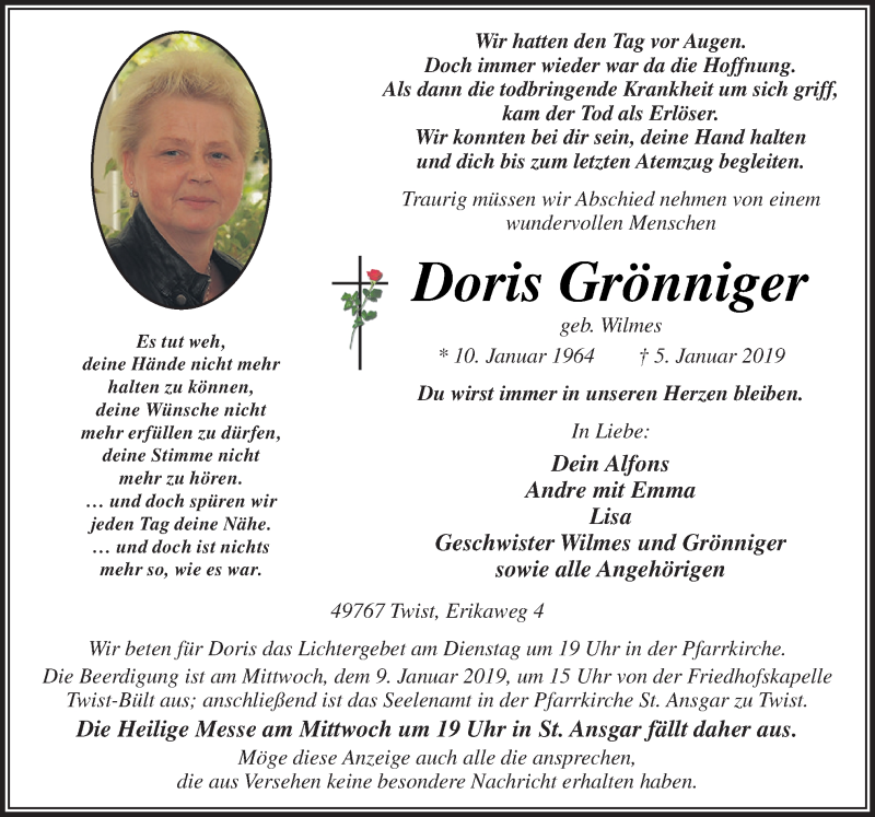  Traueranzeige für Doris Grönniger vom 07.01.2019 aus Neue Osnabrücker Zeitung GmbH & Co. KG