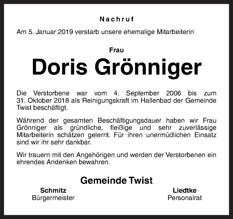  Traueranzeige für Doris Grönniger vom 09.01.2019 aus Neue Osnabrücker Zeitung GmbH & Co. KG