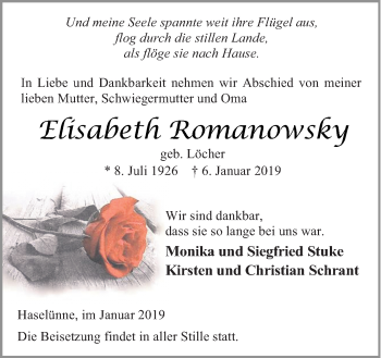 Traueranzeige von Elisabeth Romanowsky von Neue Osnabrücker Zeitung GmbH & Co. KG