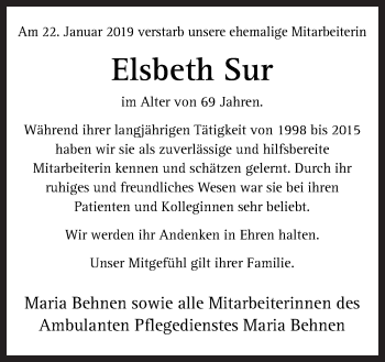 Traueranzeige von Elsbeth Sur von Neue Osnabrücker Zeitung GmbH & Co. KG