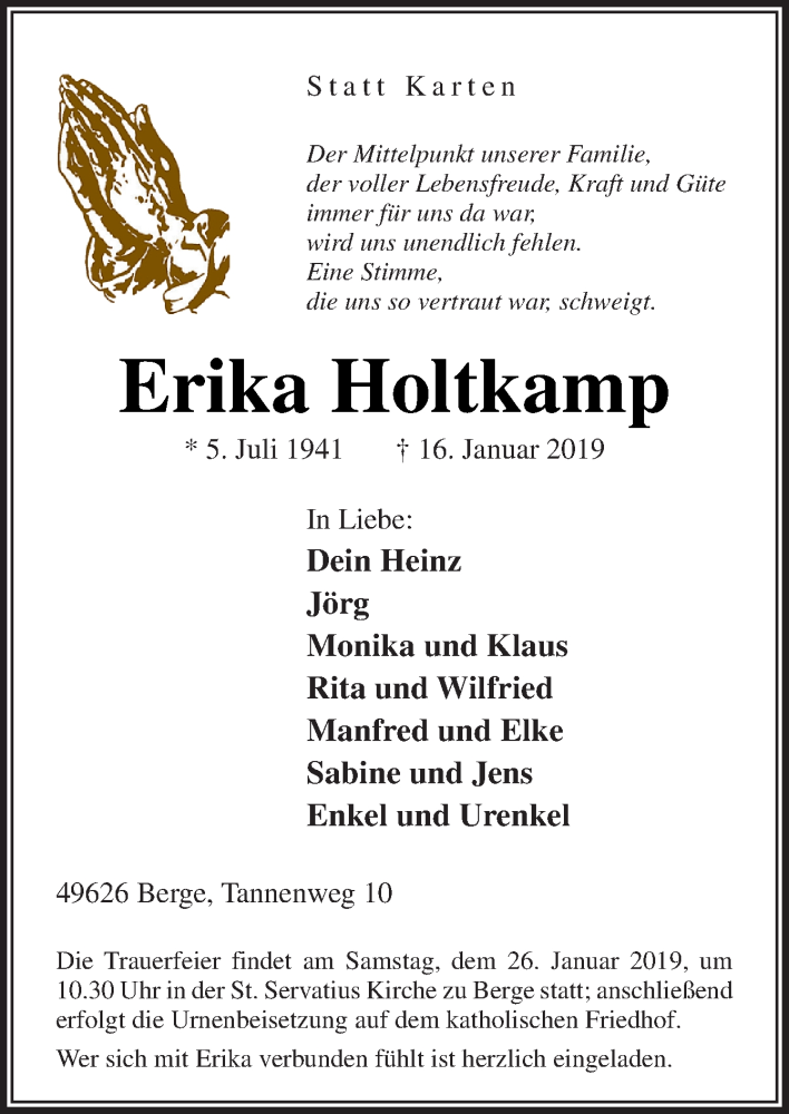  Traueranzeige für Erika Holtkamp vom 23.01.2019 aus Neue Osnabrücker Zeitung GmbH & Co. KG