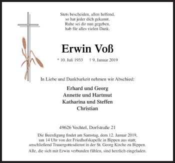 Traueranzeige von Erwin Voß von Neue Osnabrücker Zeitung GmbH & Co. KG