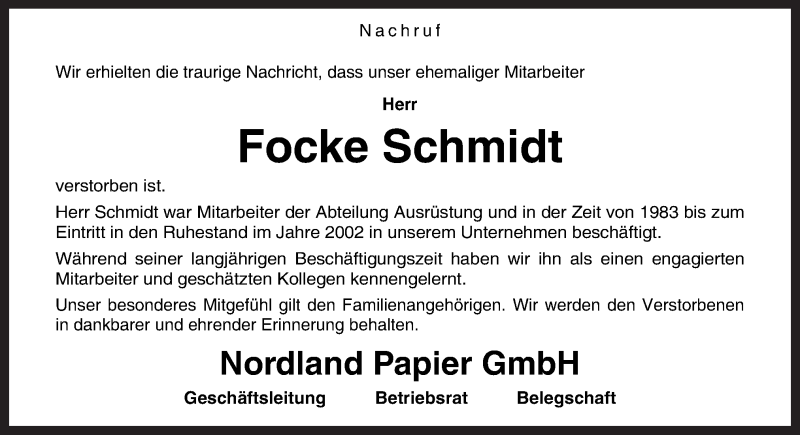  Traueranzeige für Focke Schmidt vom 07.01.2019 aus Neue Osnabrücker Zeitung GmbH & Co. KG