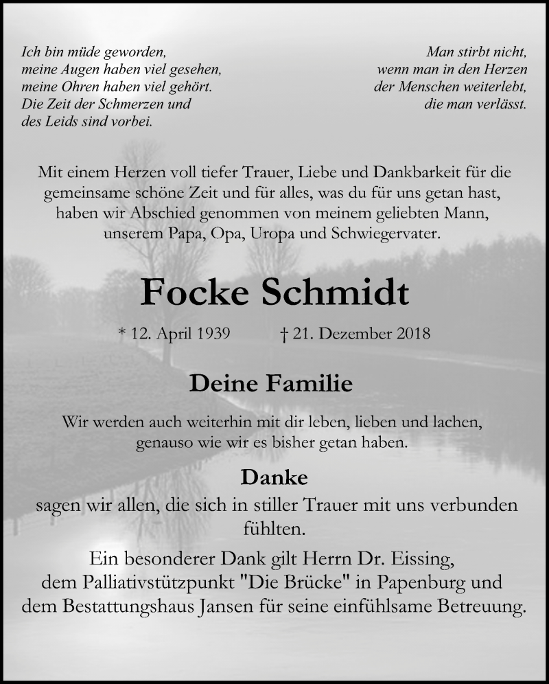  Traueranzeige für Focke Schmidt vom 04.01.2019 aus Neue Osnabrücker Zeitung GmbH & Co. KG