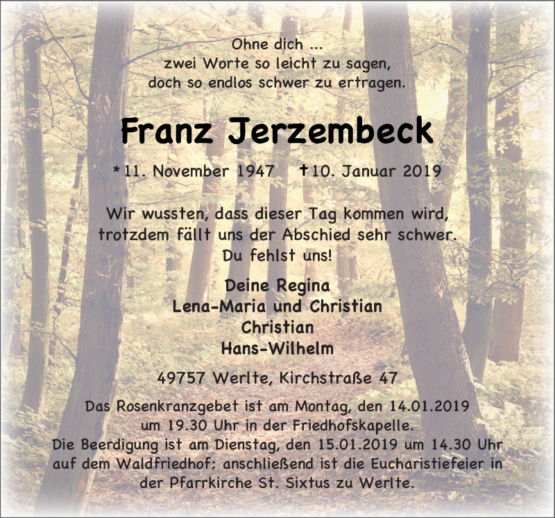  Traueranzeige für Franz Jerzembeck vom 12.01.2019 aus Neue Osnabrücker Zeitung GmbH & Co. KG