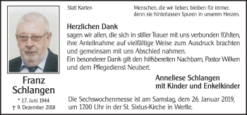 Traueranzeige von Franz Schlangen von Neue Osnabrücker Zeitung GmbH & Co. KG