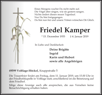 Traueranzeige von Friedel Kamper von Neue Osnabrücker Zeitung GmbH & Co. KG